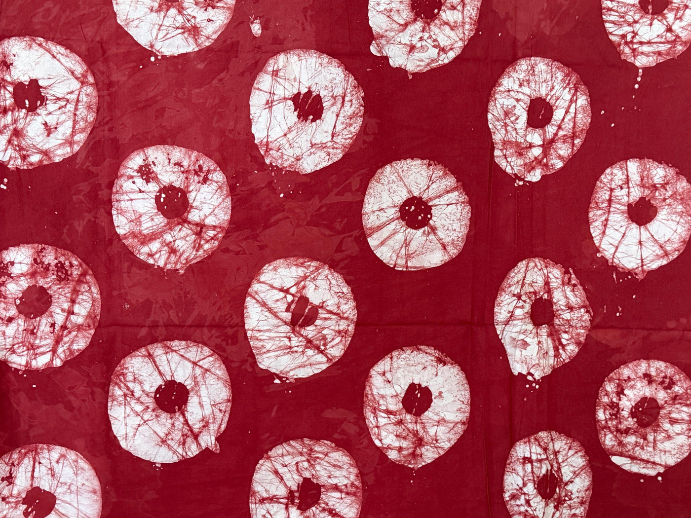 Handmade Adire Batik Fabric, Crimson Red White Sunburst Cotton, African Sewing Cloth Per Yard