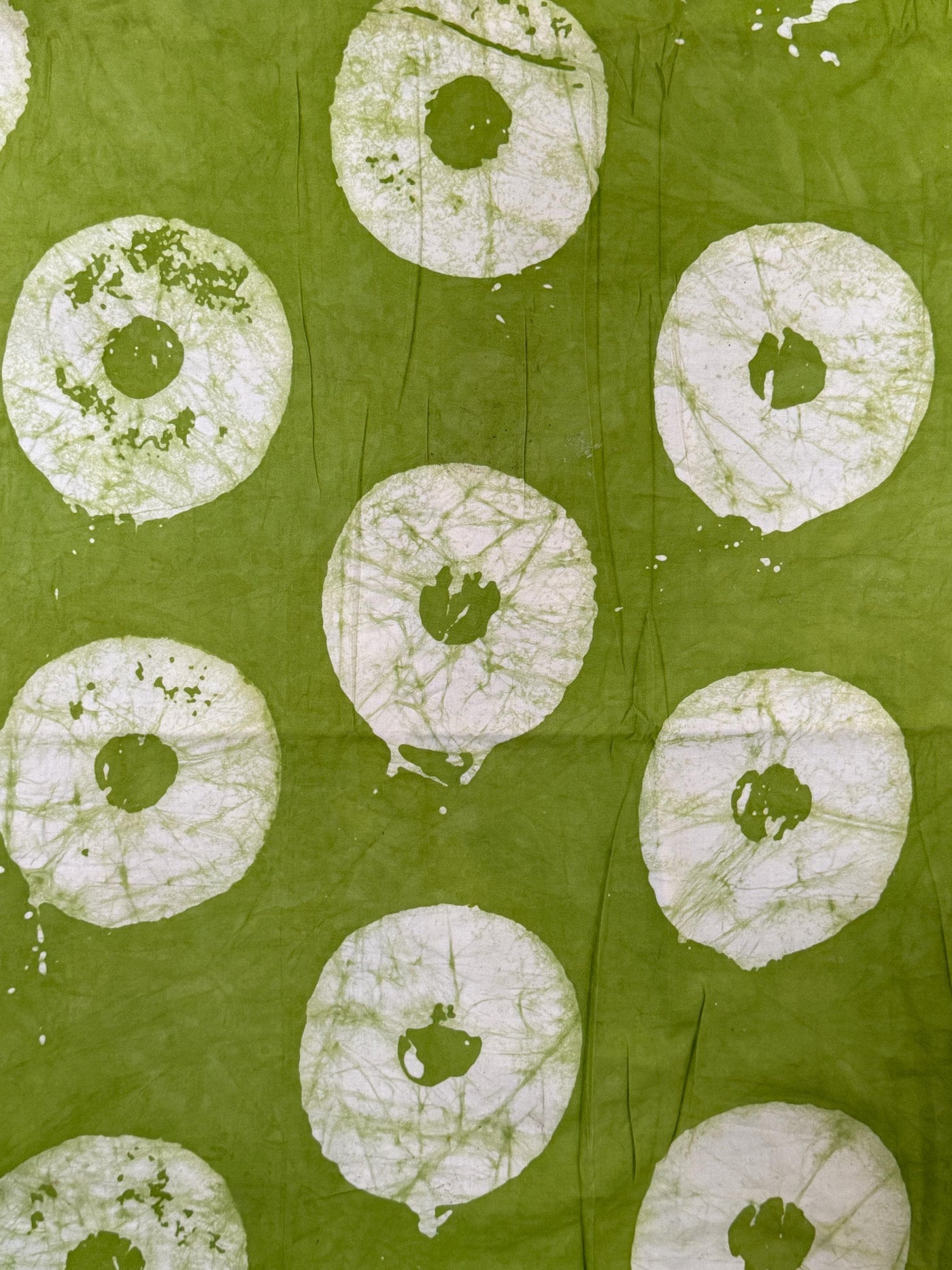 Hand-Dyed Adire Batik Cotton Fabric, Olive Green Sunburst Pattern Per Yard
