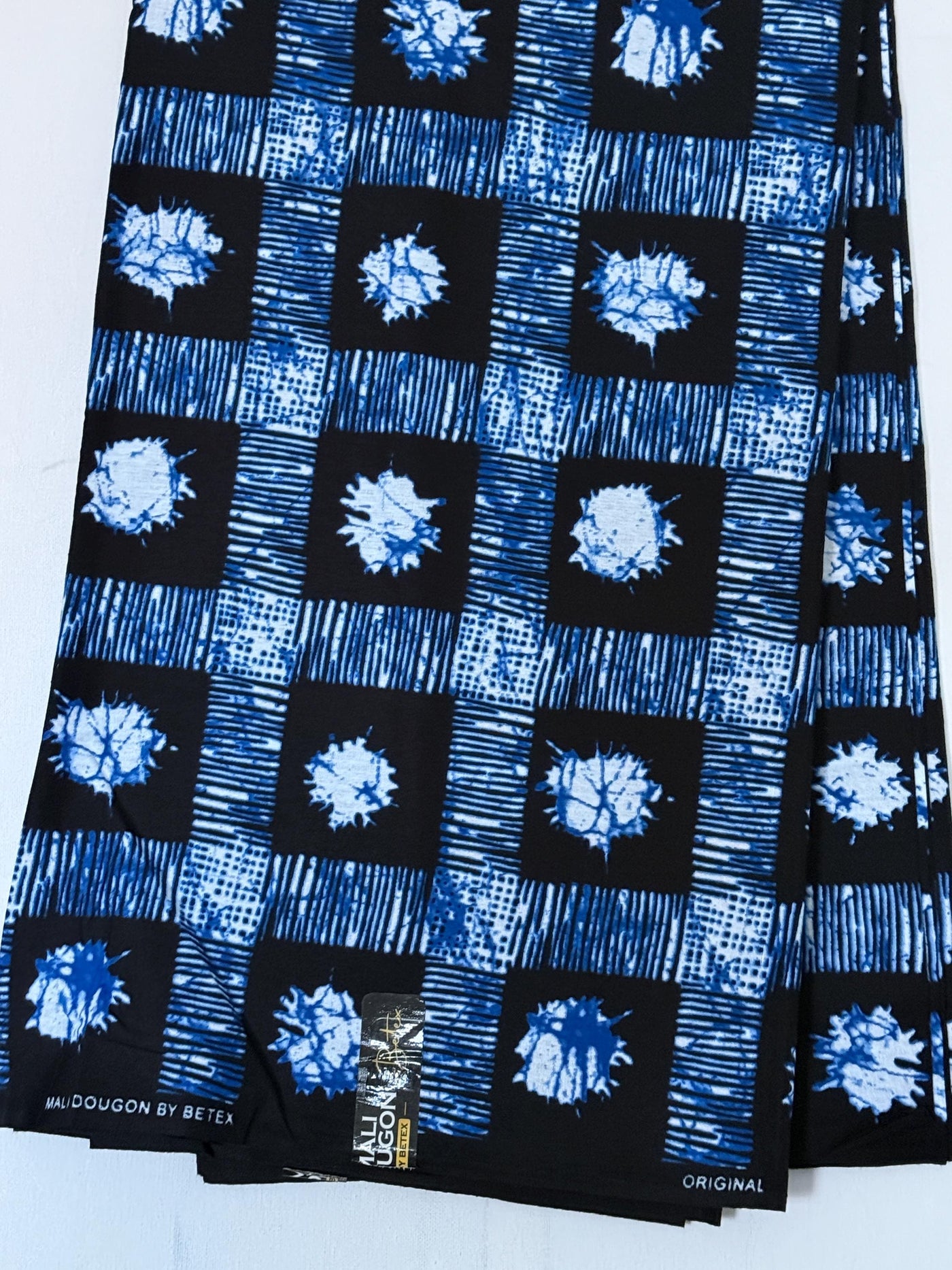 Mali Dogon African Print Fabric, Blue Black White Cotton, Geometric Starburst Checkerboard Yard